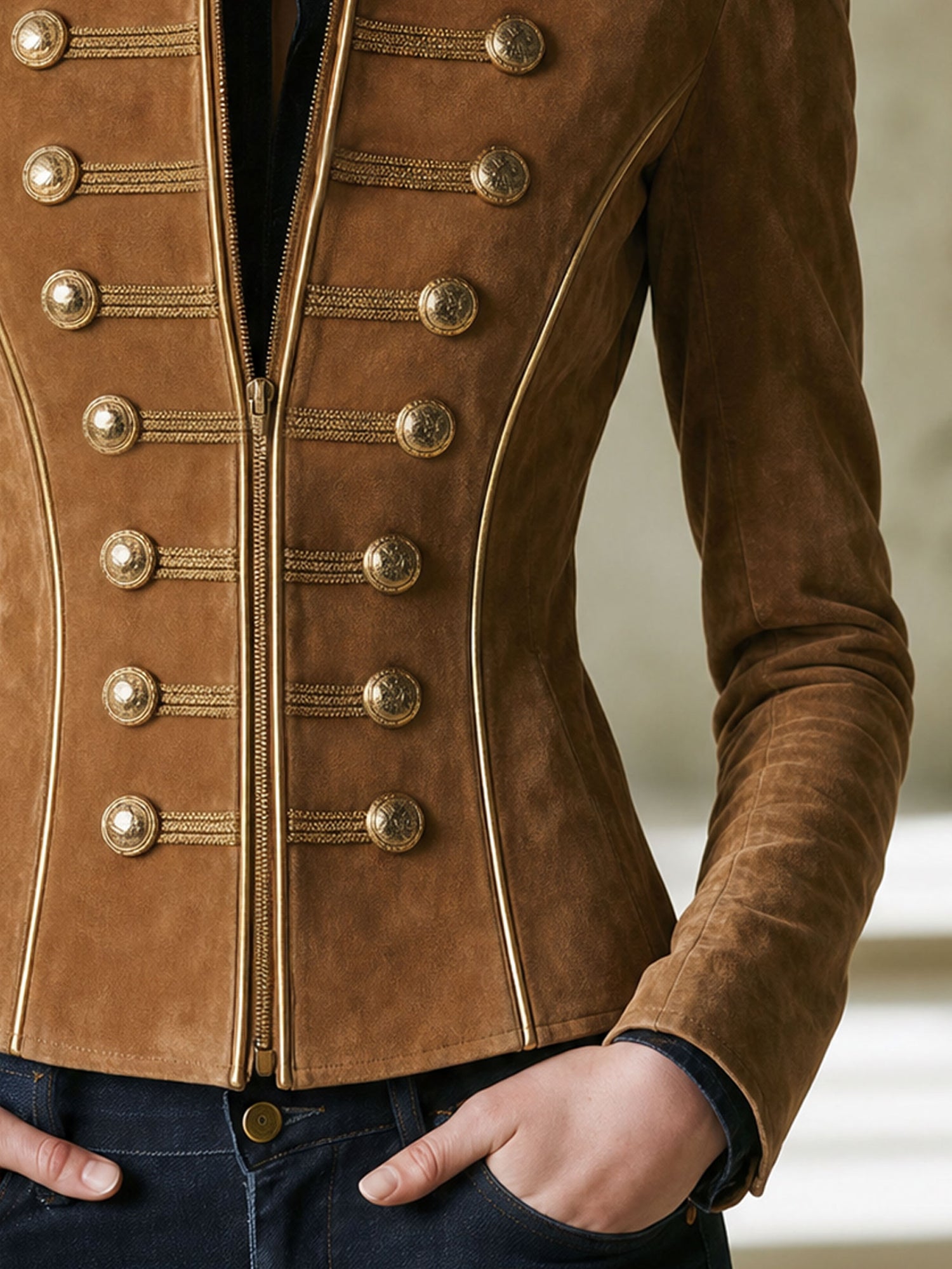 Casual Retro Gold-ribbed Camel-colored Faux Suede Zip-up Jacket