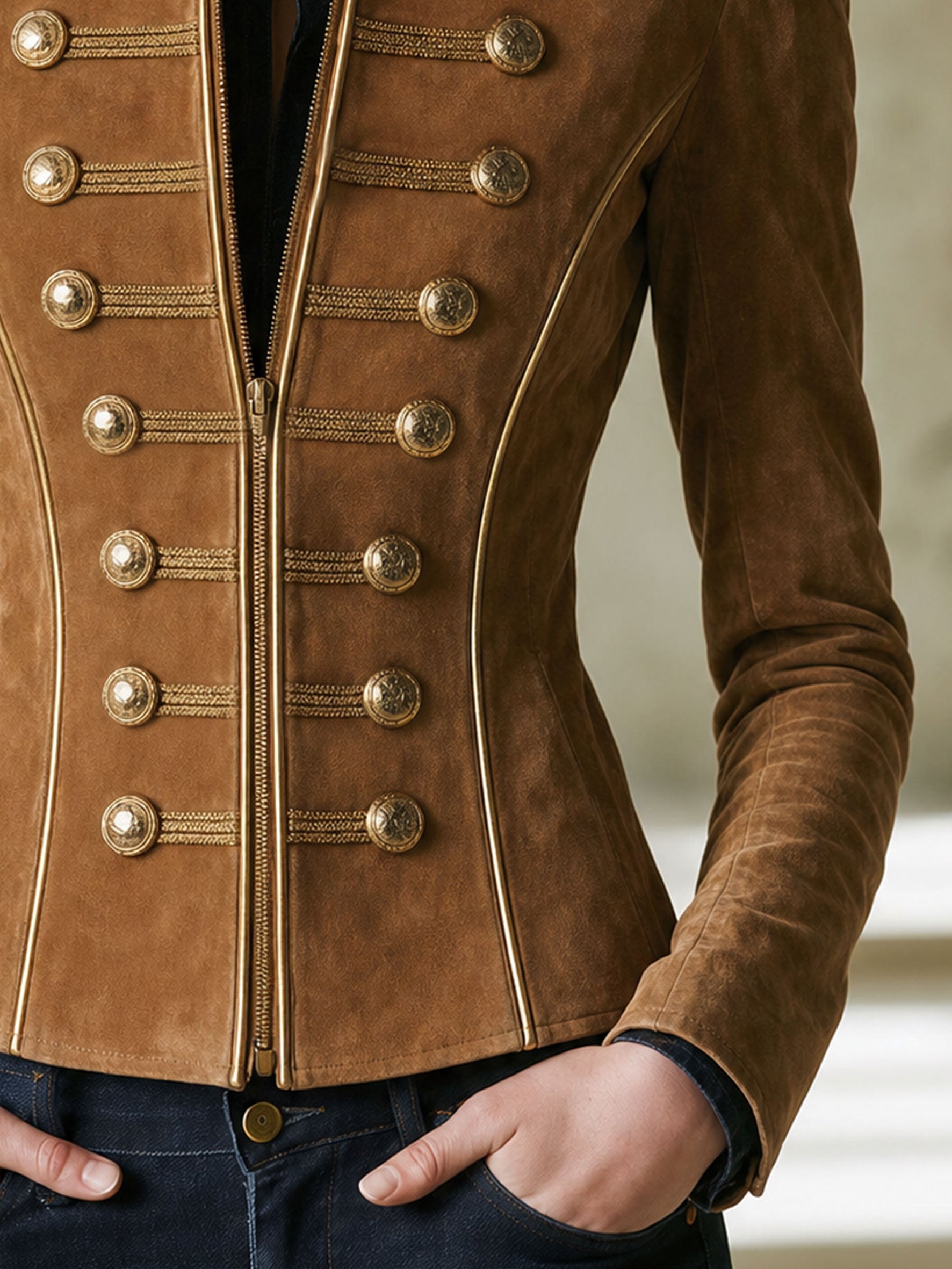 Casual Retro Gold-ribbed Camel-colored Faux Suede Zip-up Jacket