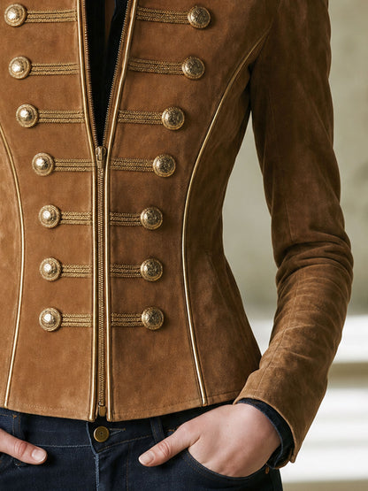Casual Retro Gold-ribbed Camel-colored Faux Suede Zip-up Jacket