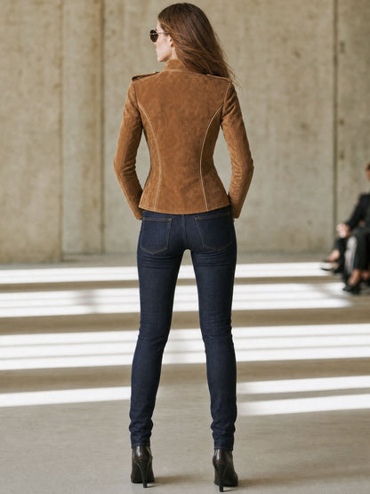 Casual Retro Gold-ribbed Camel-colored Faux Suede Zip-up Jacket