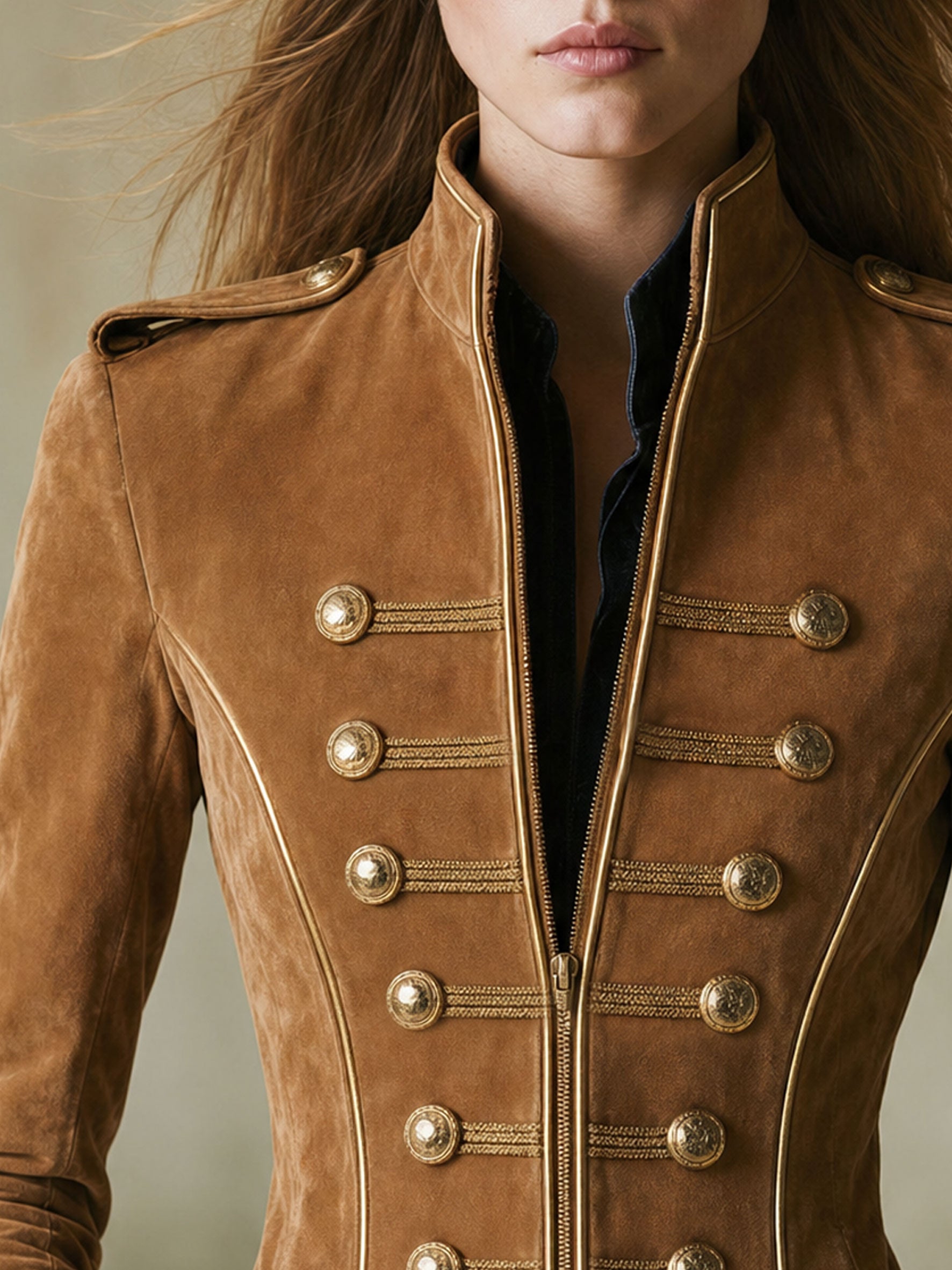 Casual Retro Gold-ribbed Camel-colored Faux Suede Zip-up Jacket