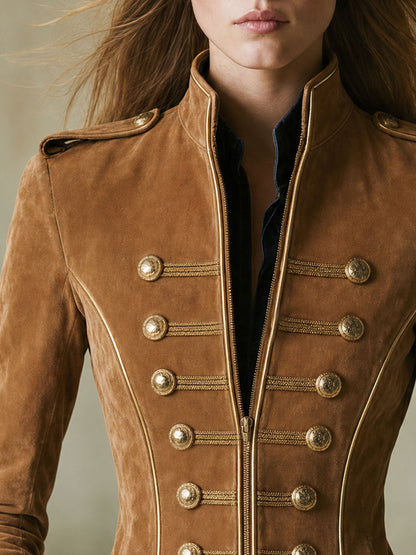 Casual Retro Gold-ribbed Camel-colored Faux Suede Zip-up Jacket