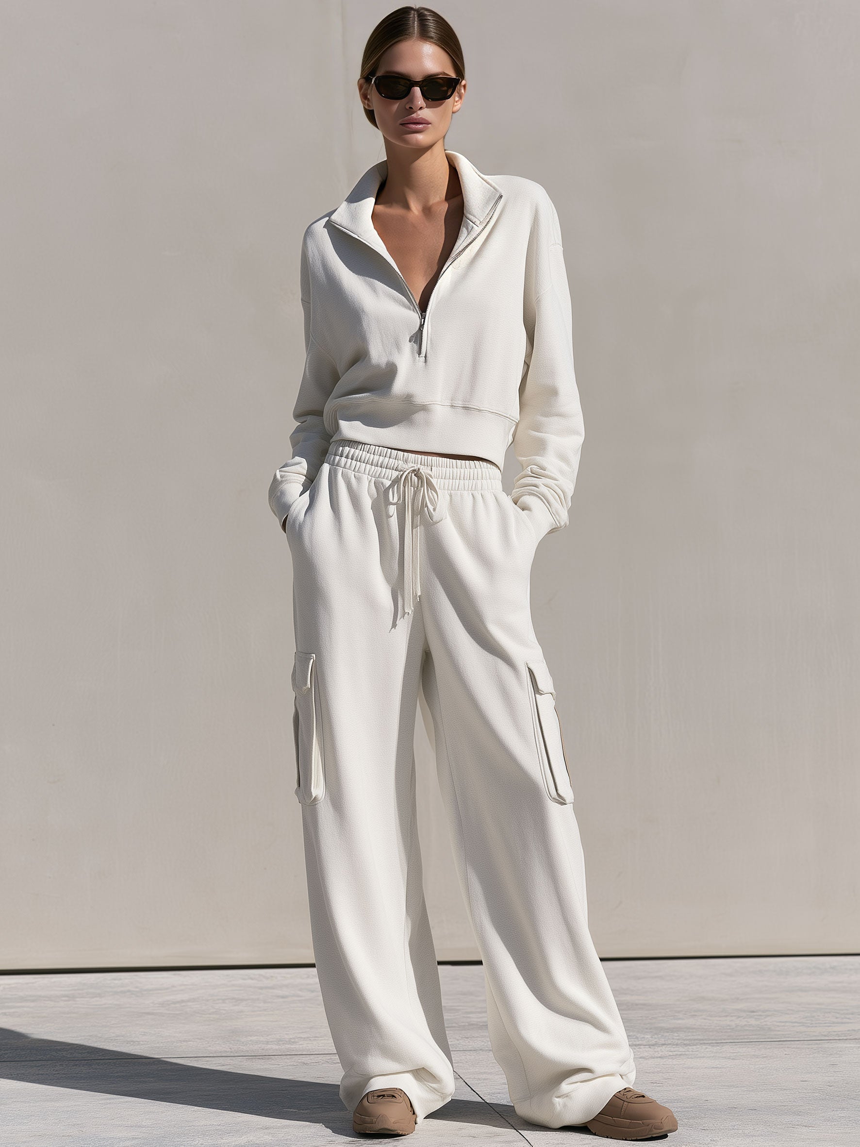 Casual Sports White Cotton Half-zip Sweatshirt And Cargo Pants Set