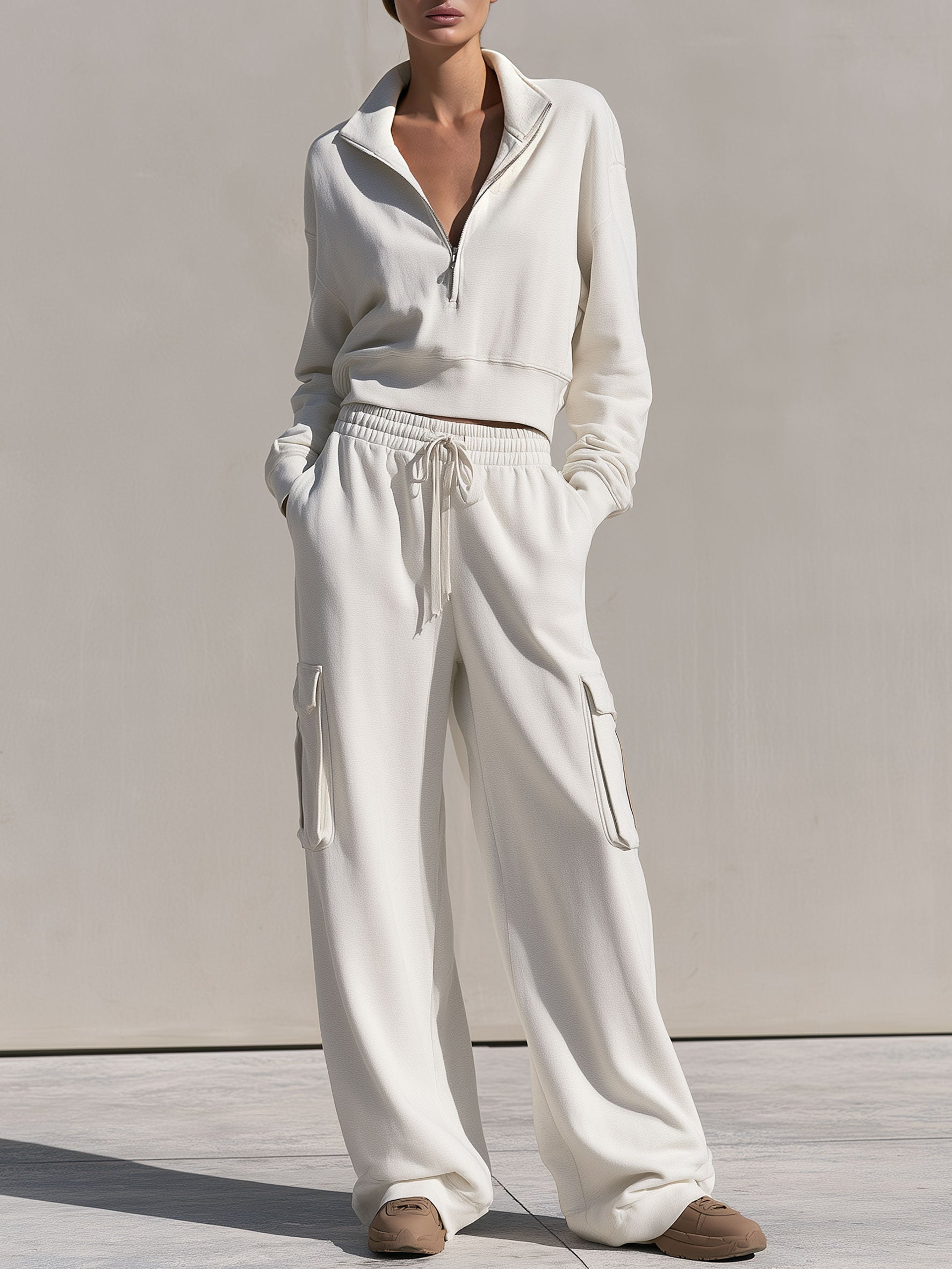 Casual Sports White Cotton Half-zip Sweatshirt And Cargo Pants Set