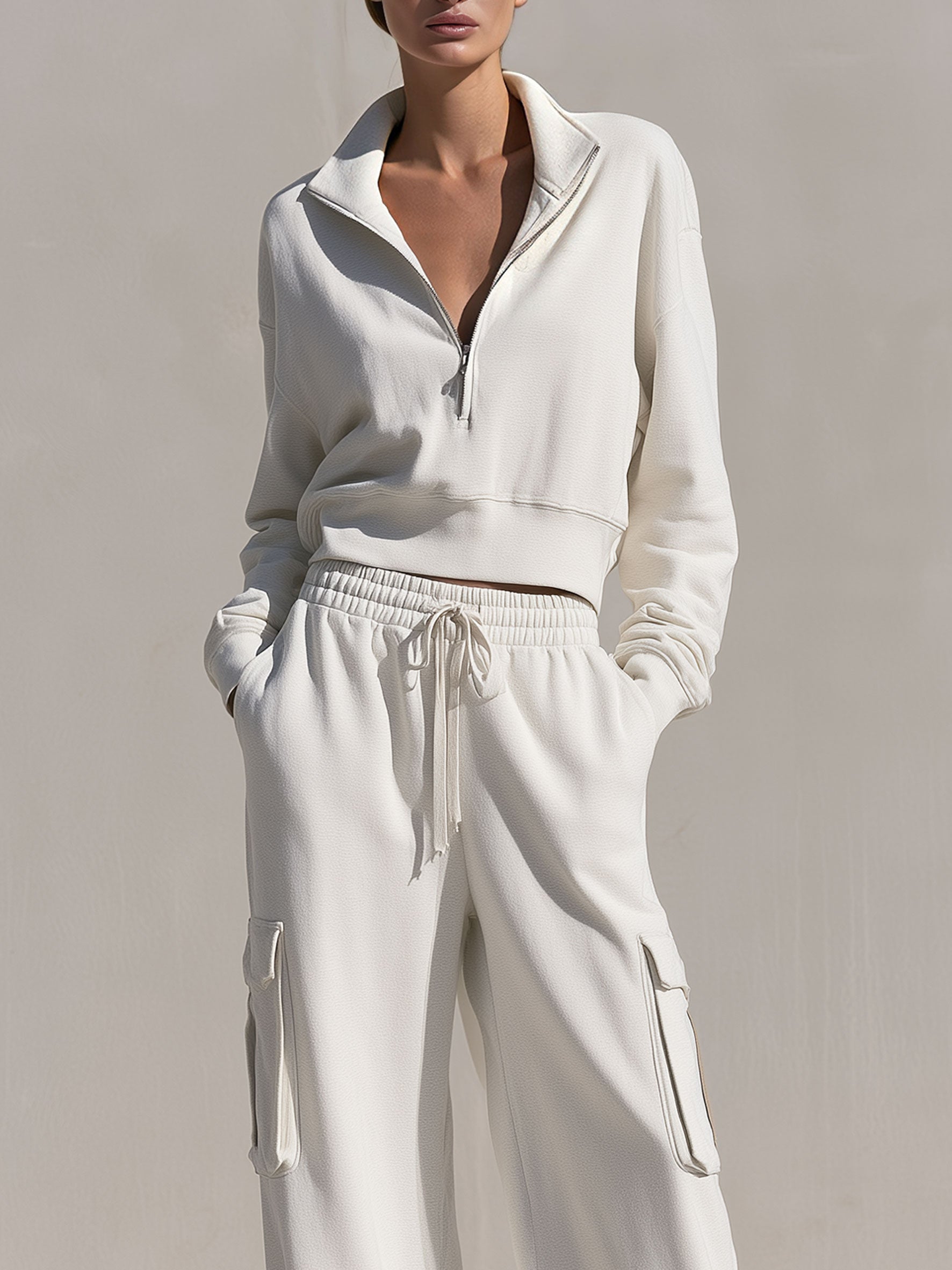 Casual Sports White Cotton Half-zip Sweatshirt And Cargo Pants Set
