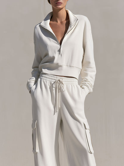 Casual Sports White Cotton Half-zip Sweatshirt And Cargo Pants Set