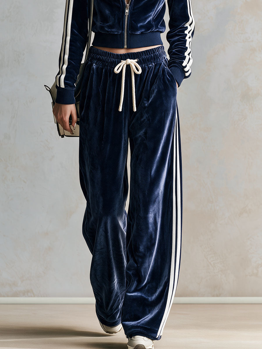 Retro-style Sporty Faux Fur Collar Blue Velvet Jacket And Pants Set