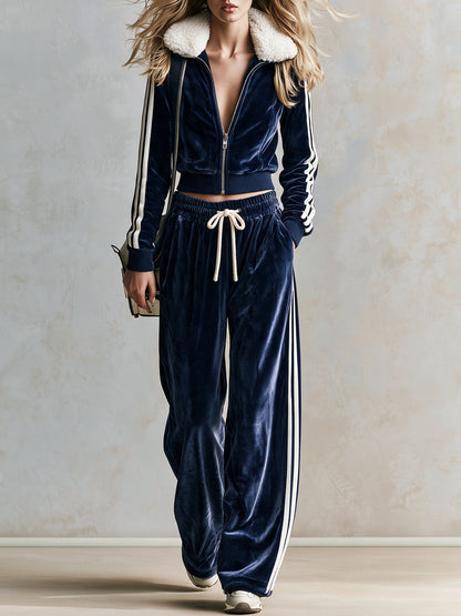Retro-style Sporty Faux Fur Collar Blue Velvet Jacket And Pants Set