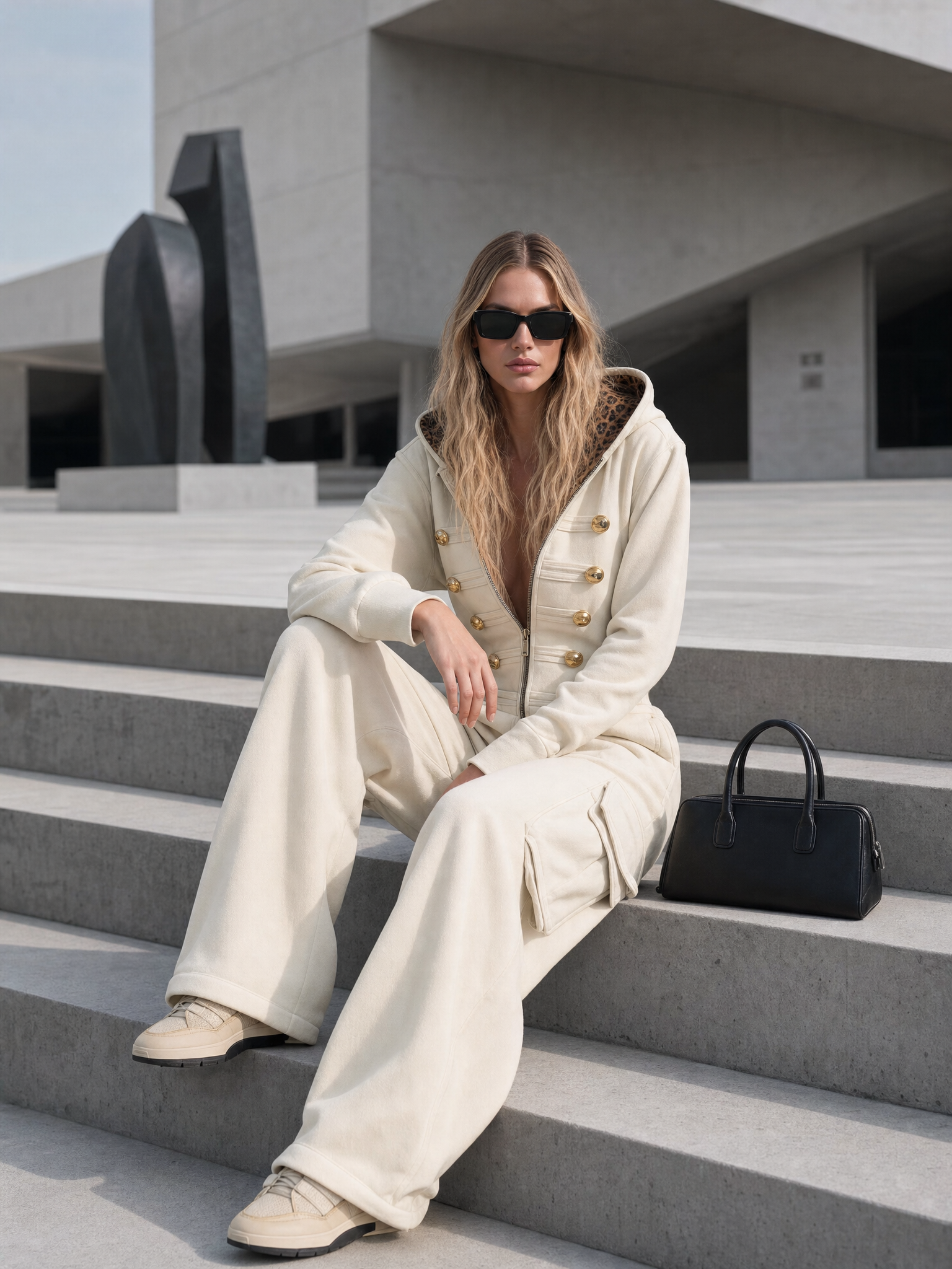 Vintage Cream Hooded Gold-Button Zip-Front Cargo Wide-Leg Military Jumpsuit Women