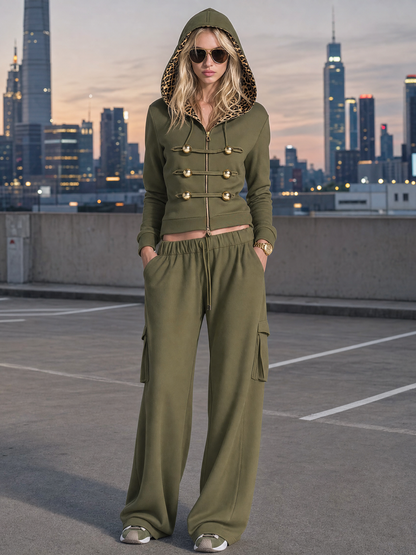 Vintage Military Olive Hooded Gold-Button Zip Hoodie Cargo Pants Set Women