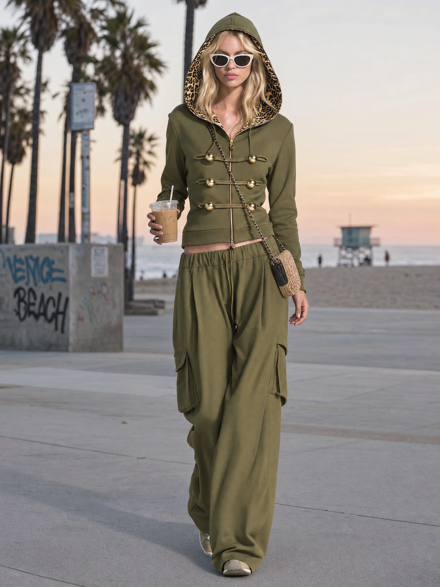 Vintage Military Olive Hooded Gold-Button Zip Hoodie Cargo Pants Set Women