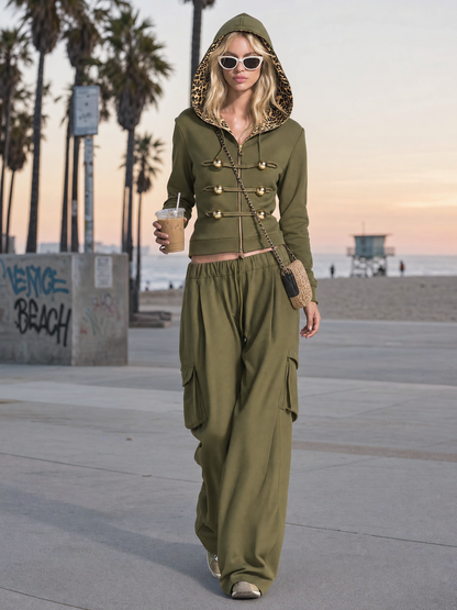 Vintage Military Olive Hooded Gold-Button Zip Hoodie Cargo Pants Set Women