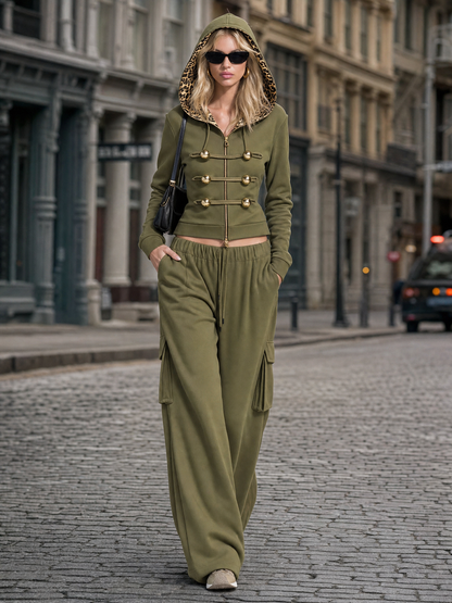 Vintage Military Olive Hooded Gold-Button Zip Hoodie Cargo Pants Set Women