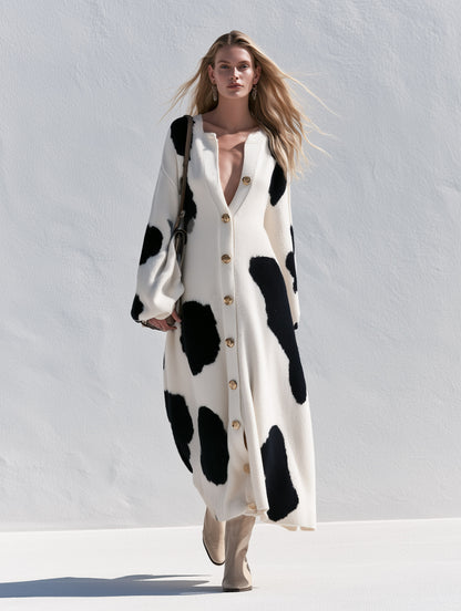 Elegant Color-block Single-breasted Knitted Maxi Cardigan Dress