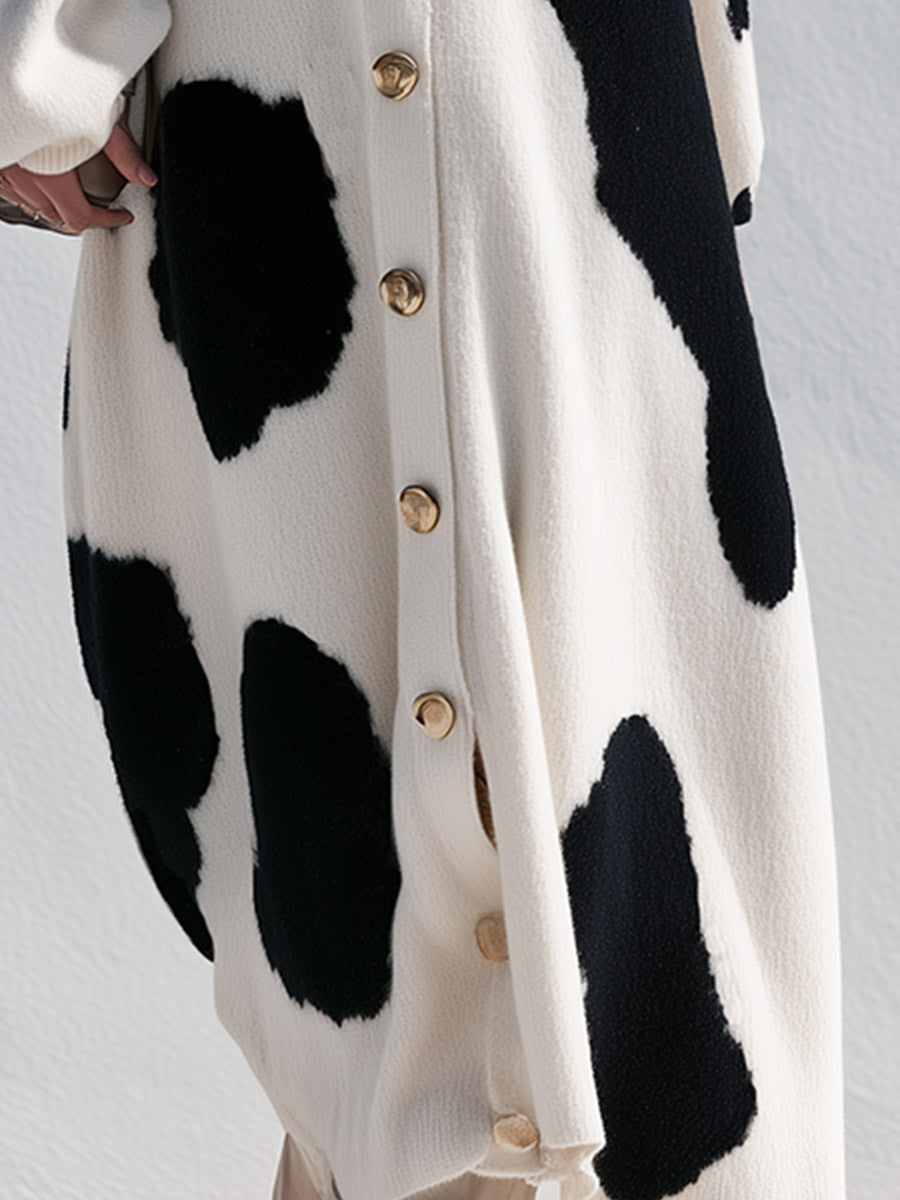 Elegant Color-block Single-breasted Knitted Maxi Cardigan Dress