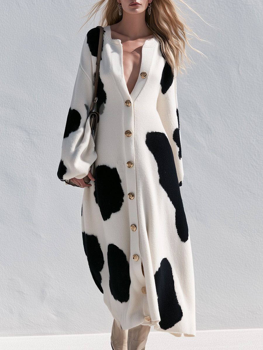 Elegant Color-block Single-breasted Knitted Maxi Cardigan Dress