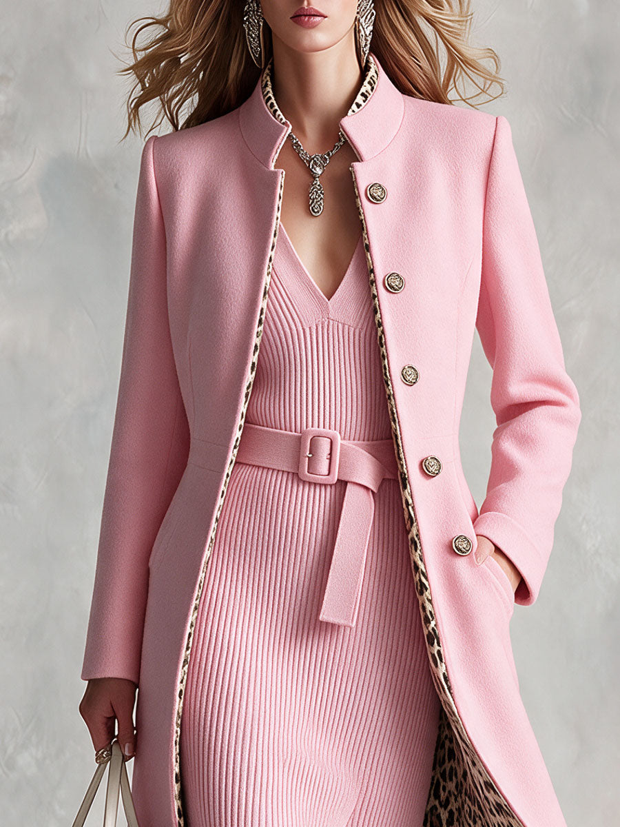 Retro-chic Pink Knit Dress And Leopard-print Lined Wool Blend Coat