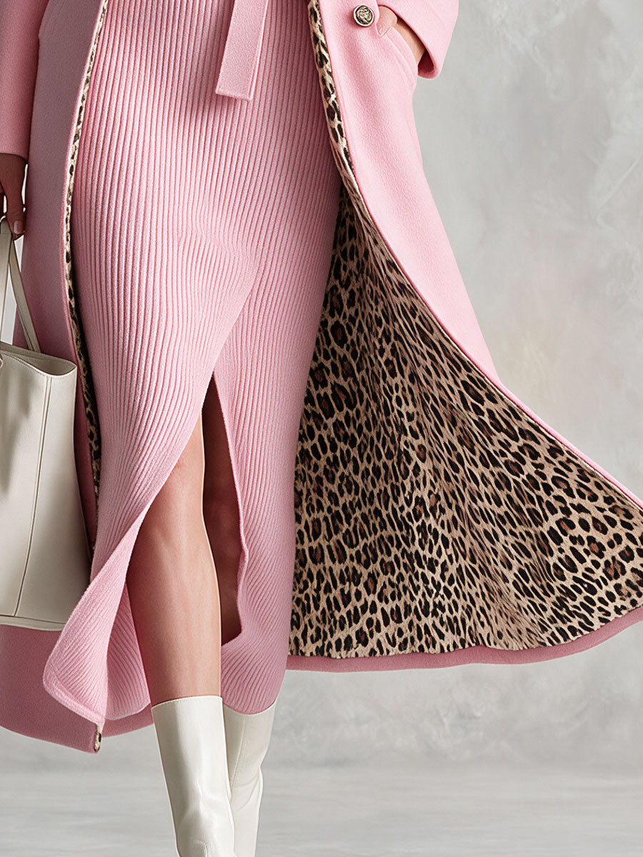 Retro-chic Pink Knit Dress And Leopard-print Lined Wool Blend Coat
