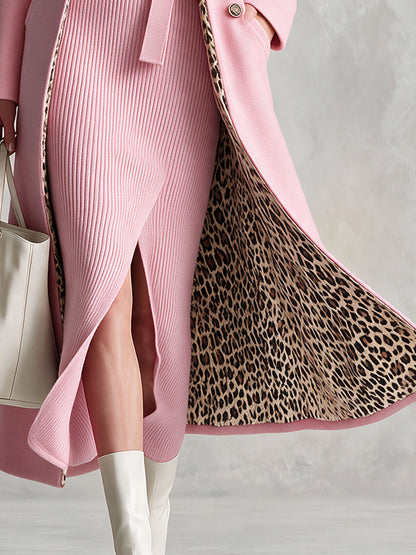 Retro-chic Pink Knit Dress And Leopard-print Lined Wool Blend Coat