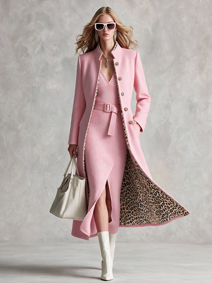 Retro-chic Pink Knit Dress And Leopard-print Lined Wool Blend Coat