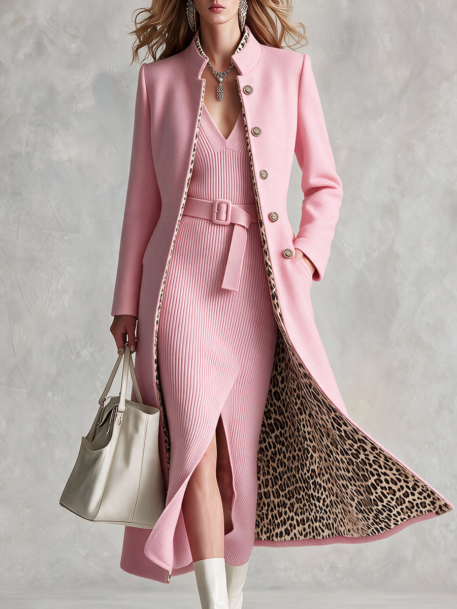 Retro-chic Pink Knit Dress And Leopard-print Lined Wool Blend Coat