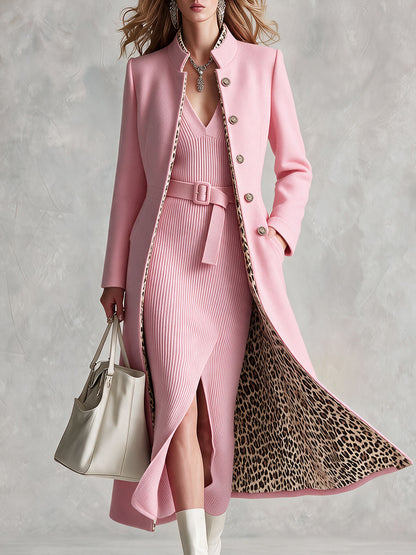 Retro-chic Pink Knit Dress And Leopard-print Lined Wool Blend Coat