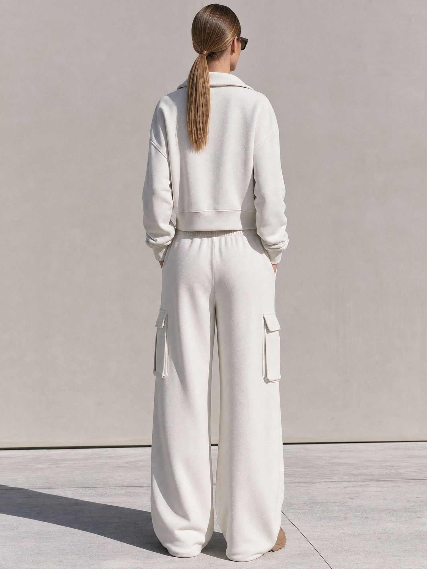 Casual Sports White Cotton Half-zip Sweatshirt And Cargo Pants Set