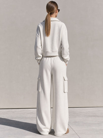 Casual Sports White Cotton Half-zip Sweatshirt And Cargo Pants Set
