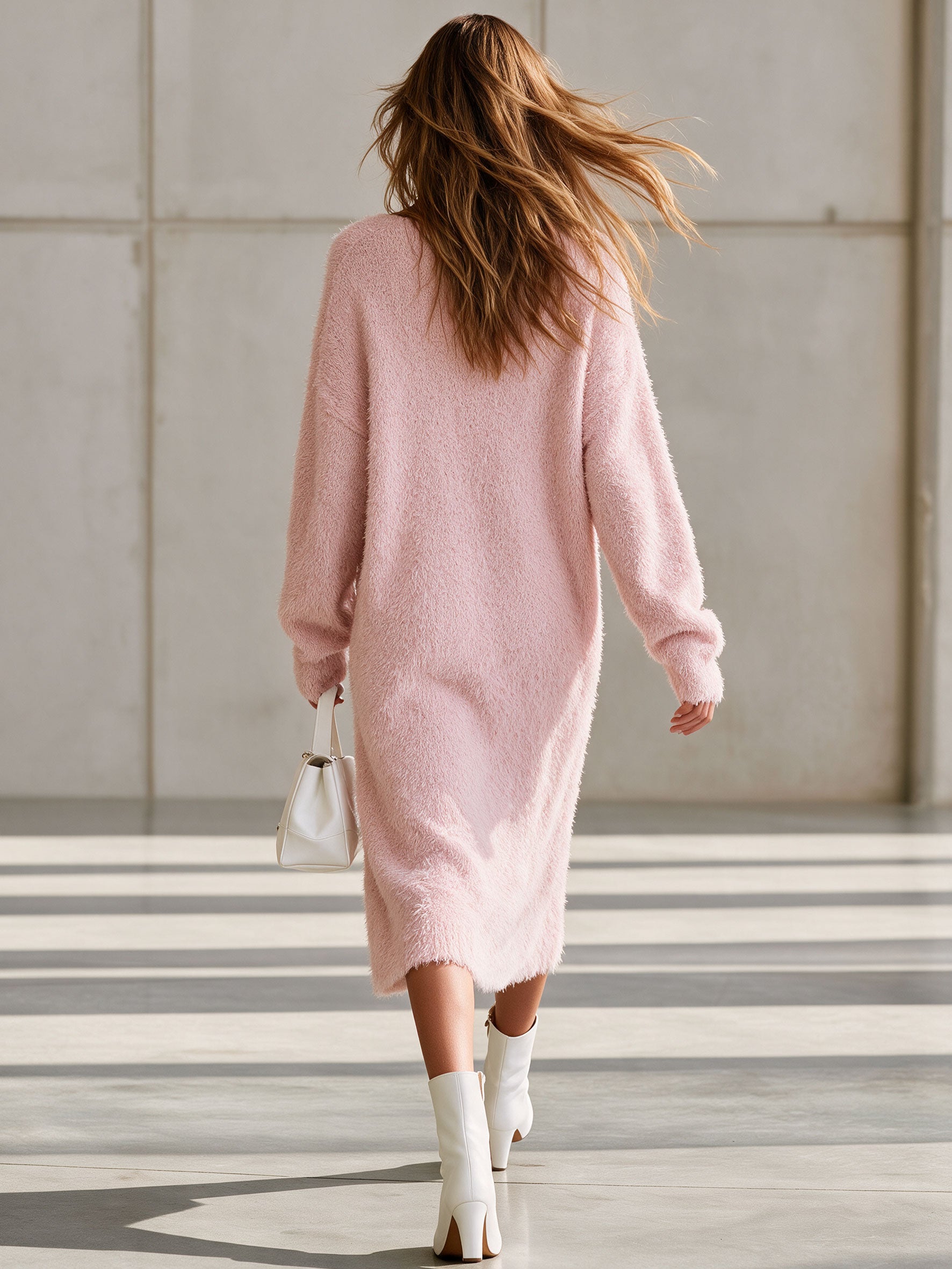 Stylish And Simple Pink Long-haired Knitted Cardigan Midi Dress