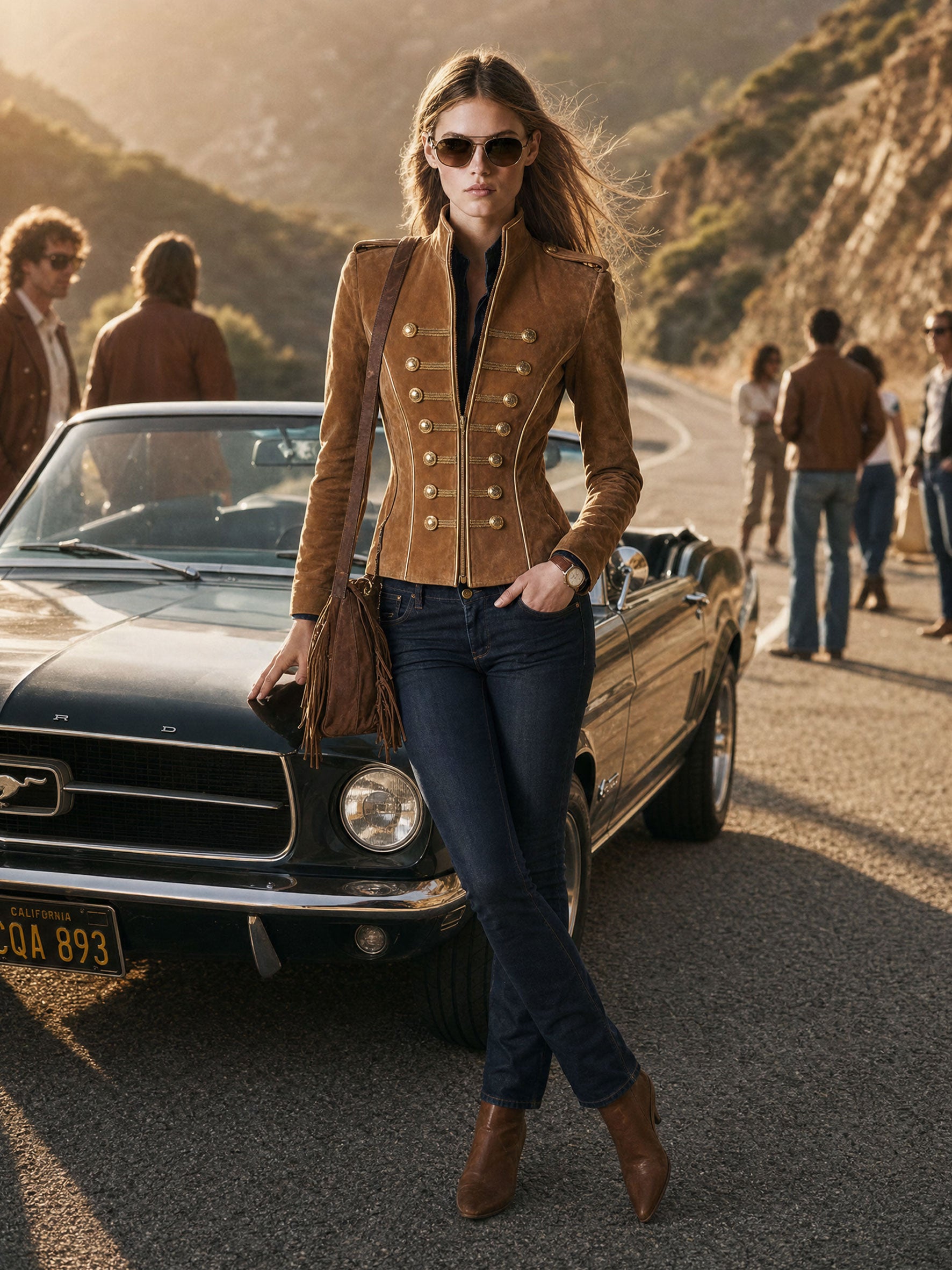 Casual Retro Gold-ribbed Camel-colored Faux Suede Zip-up Jacket