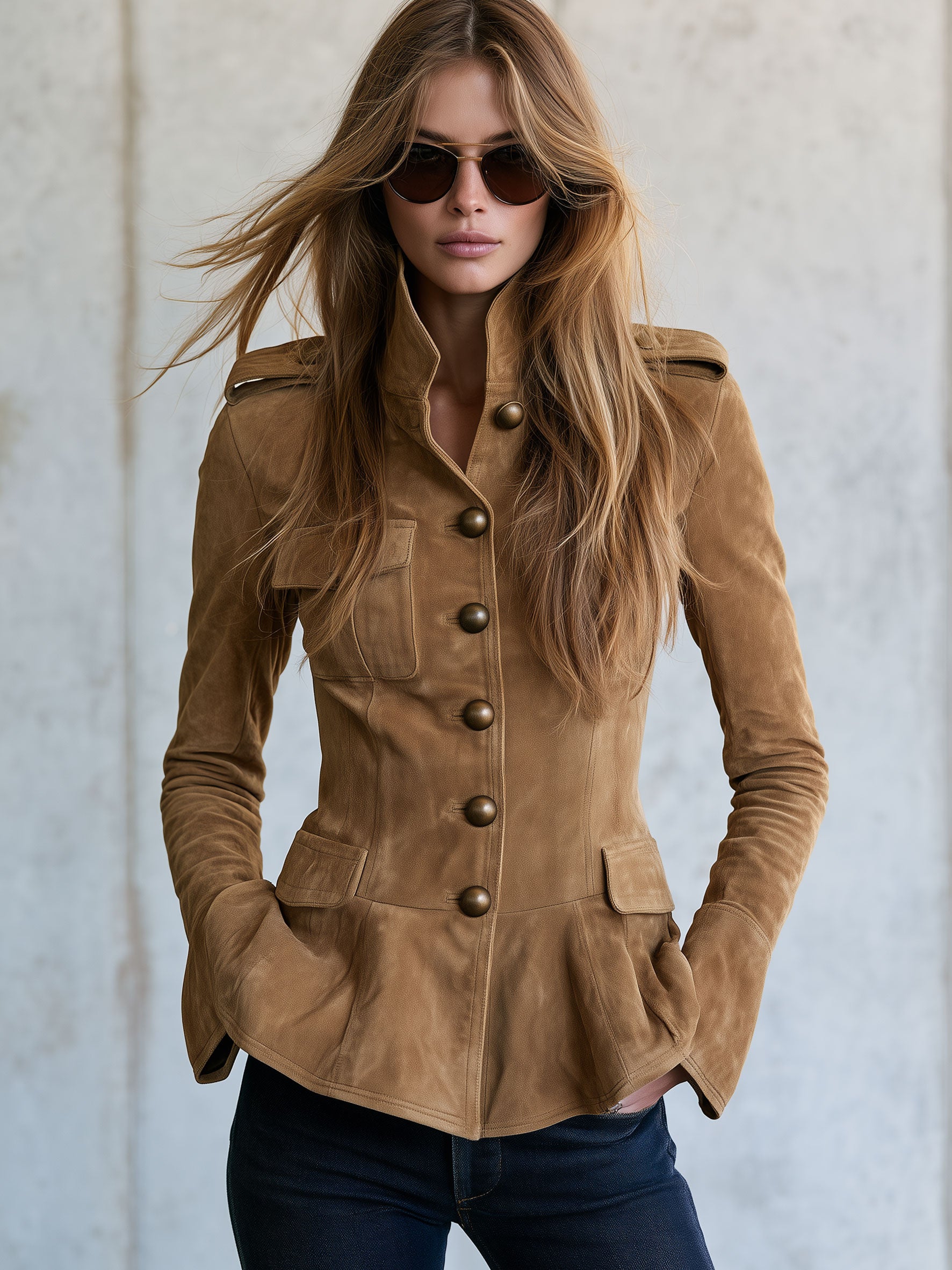 Casual Retro Camel-colored Faux Suede Jacket