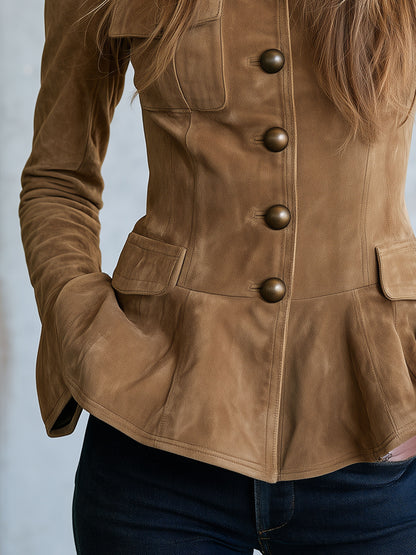 Casual Retro Camel-colored Faux Suede Jacket