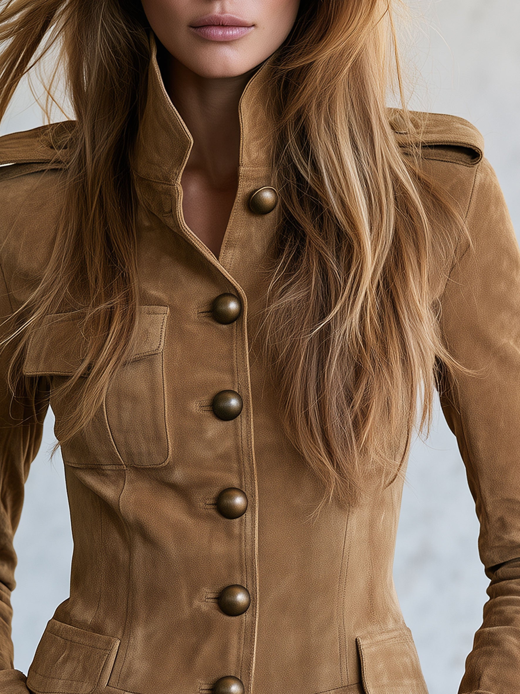Casual Retro Camel-colored Faux Suede Jacket