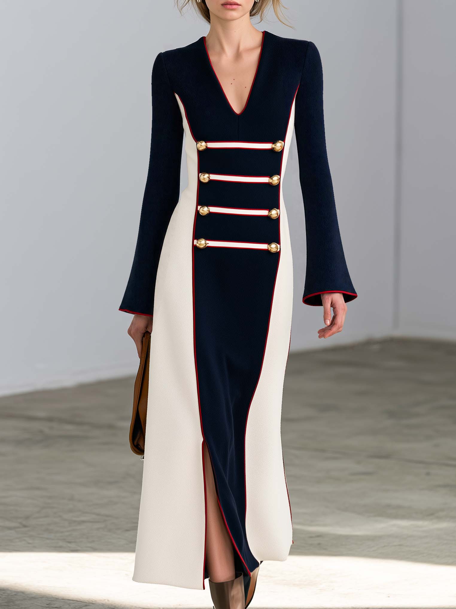 Elegant Military Dark Blue And White Color-Block Slit Maxi Dress