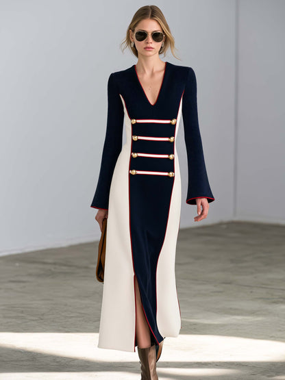 Elegant Military Dark Blue And White Color-Block Slit Maxi Dress