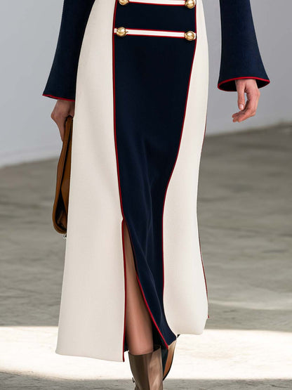 Elegant Military Dark Blue And White Color-Block Slit Maxi Dress