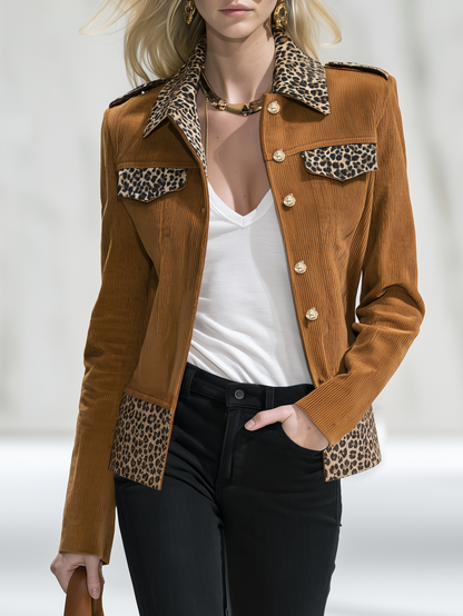 Retro-casual Elegant Corduroy Jacket With Leopard Print Panels