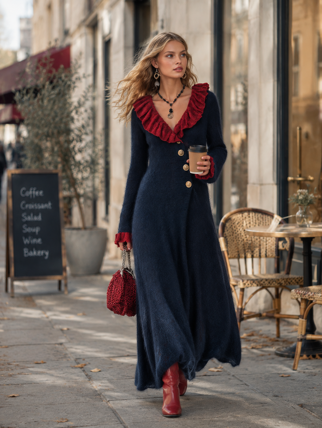 Elegant Color-Block Ruffled Dark Blue V-Neck Mohair Knitted Maxi Dress