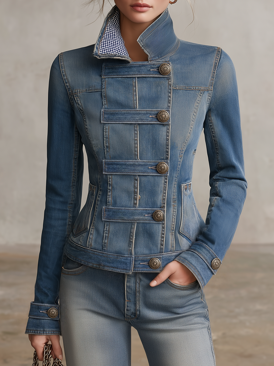 Blue Military Denim Jacket Women Stand Collar Fitted Gingham Lined Western