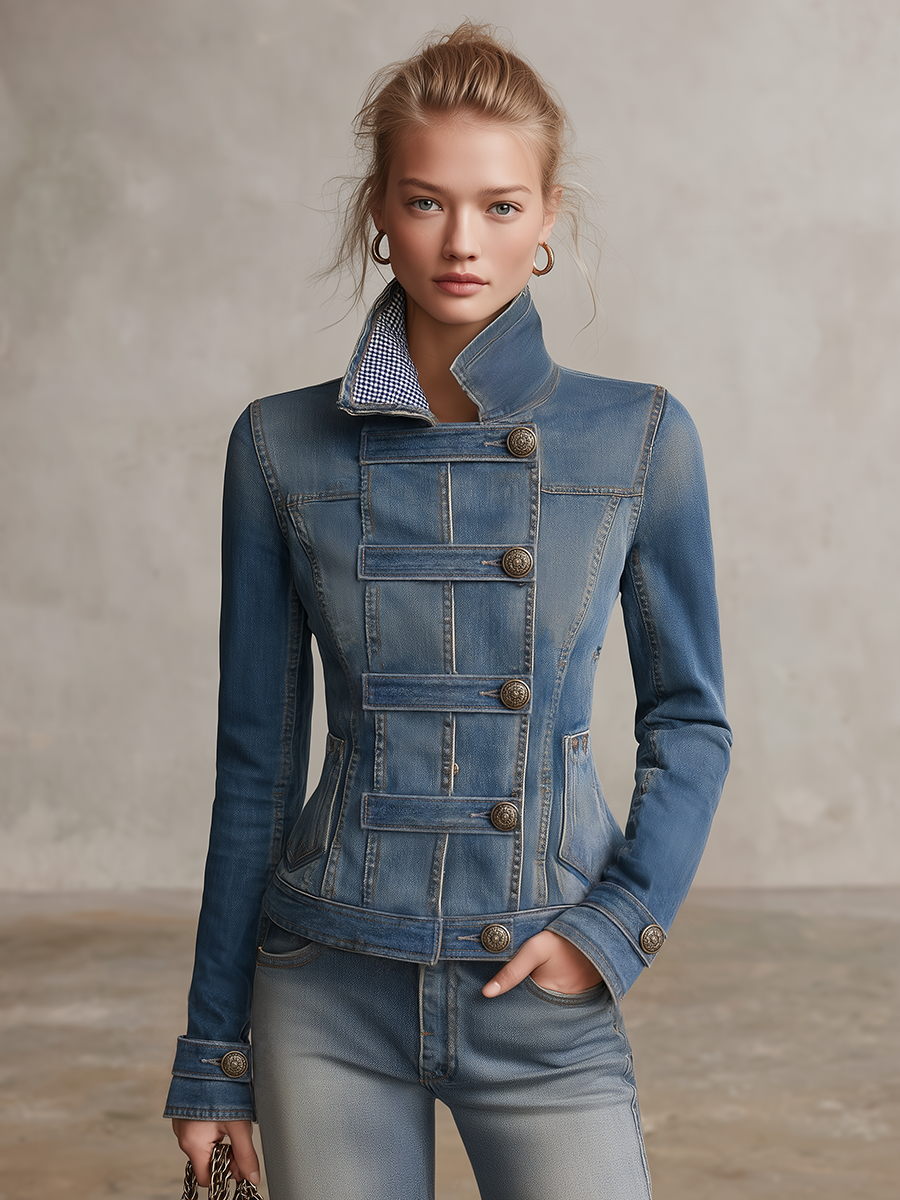 Blue Military Denim Jacket Women Stand Collar Fitted Gingham Lined Western