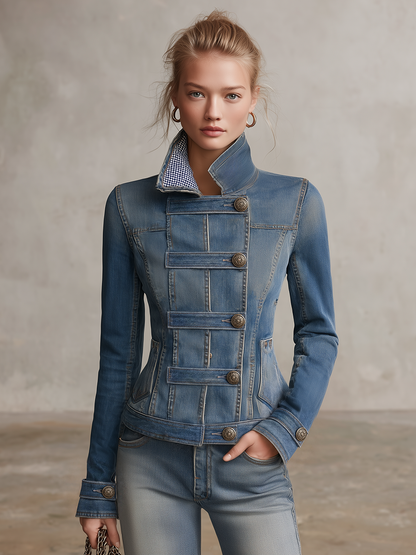 Blue Military Denim Jacket Women Stand Collar Fitted Gingham Lined Western