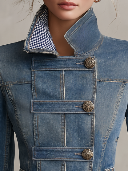 Blue Military Denim Jacket Women Stand Collar Fitted Gingham Lined Western