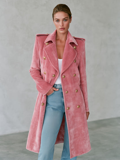 Casual Retro-style Pink Velvet Coat With Decorative Buttons