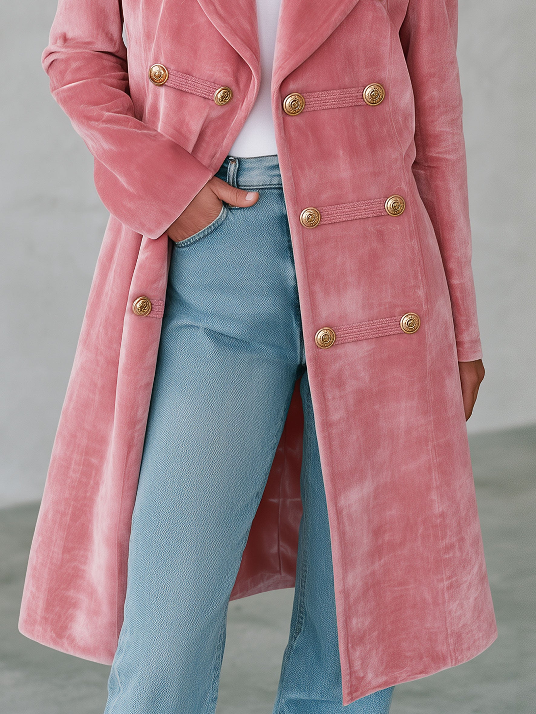 Casual Retro-style Pink Velvet Coat With Decorative Buttons