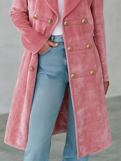 Casual Retro-style Pink Velvet Coat With Decorative Buttons
