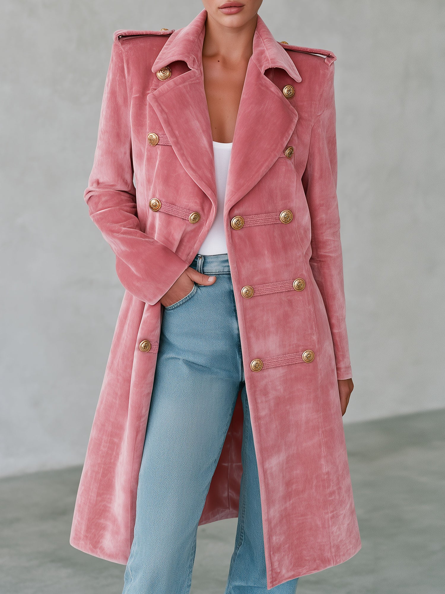 Casual Retro-style Pink Velvet Coat With Decorative Buttons