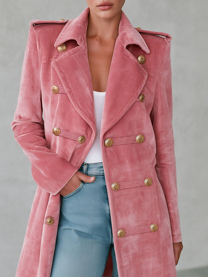 Casual Retro-style Pink Velvet Coat With Decorative Buttons