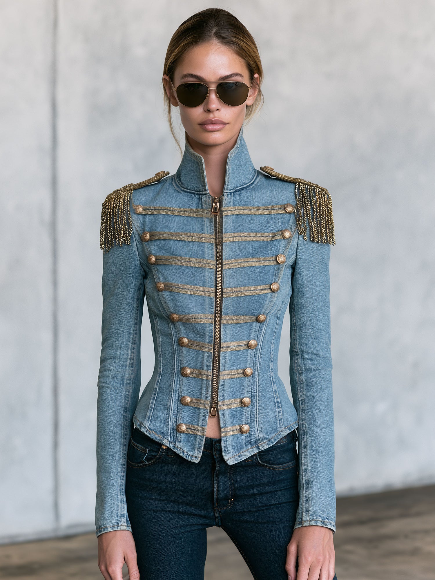 Western Retro Tassel Button Zipper Light Blue Denim Jacket