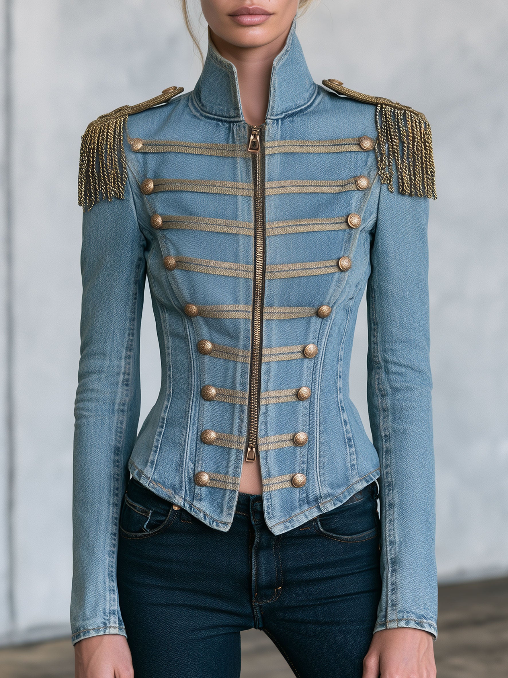 Western Retro Tassel Button Zipper Light Blue Denim Jacket