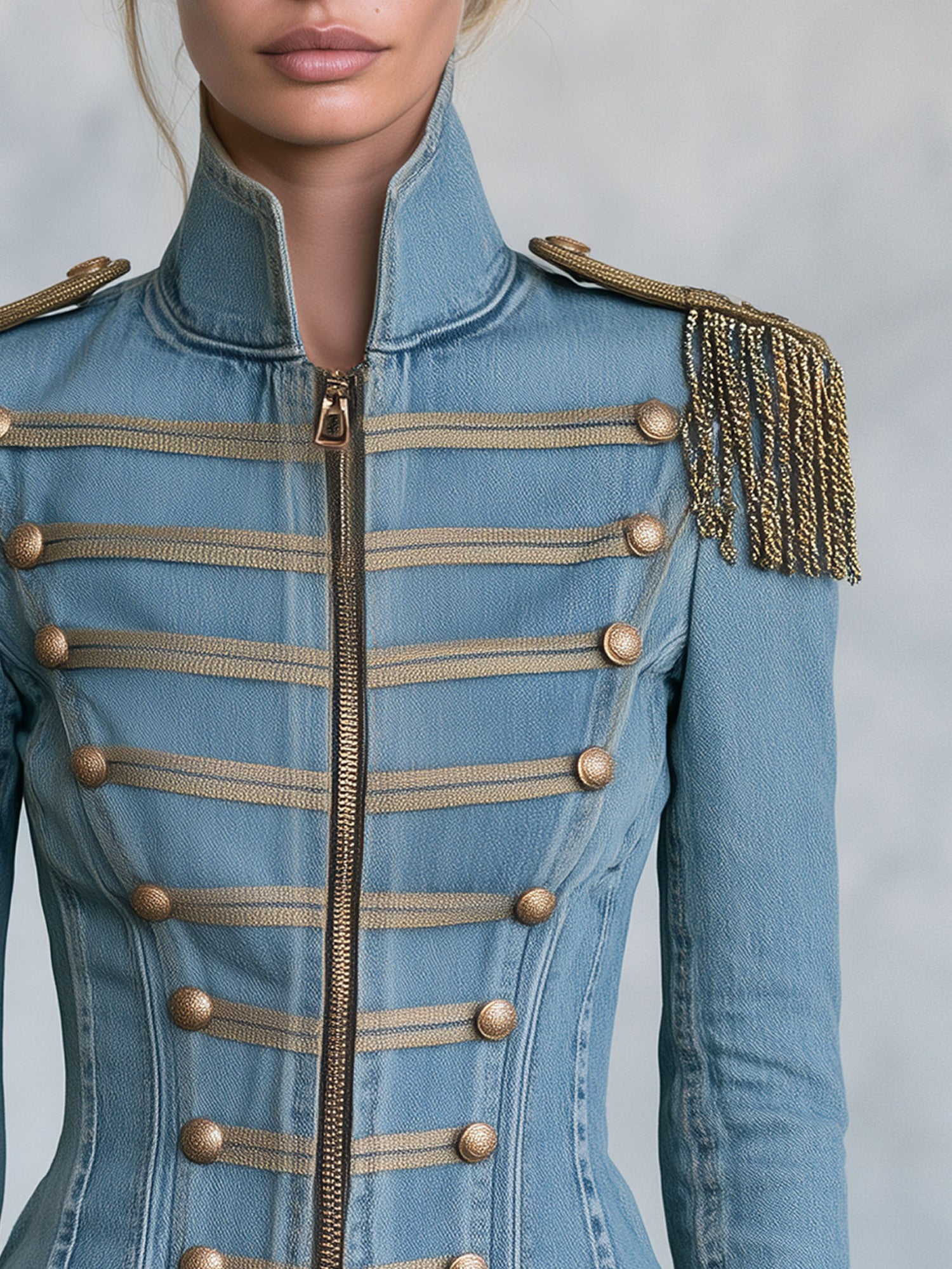 Western Retro Tassel Button Zipper Light Blue Denim Jacket